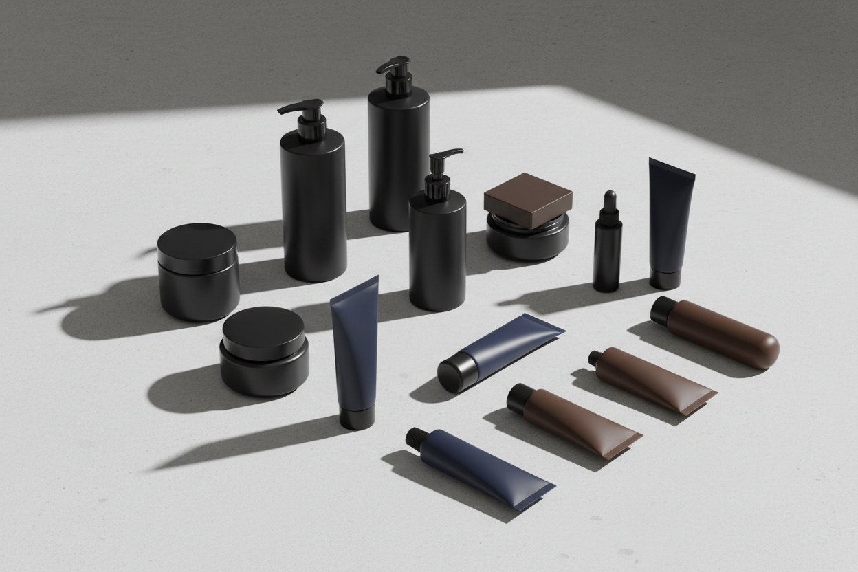 Bunch of hygiene products all dark colors no text